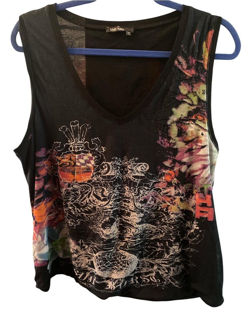 Vintage Marc Aurel Gothic Print V Neck Sleeveless Top Size 12